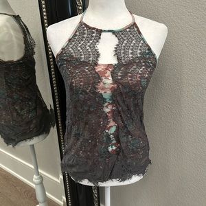 Anthropologie Pink Grey Teal Lace Top Tee Shirt Blouse Tank Size Small